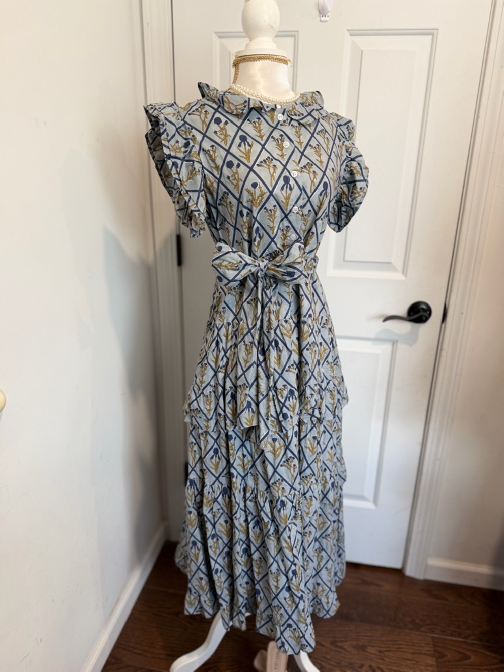 Victoria Dunn Light Blue Floral Tiered Maxi Dress with Waist Tie